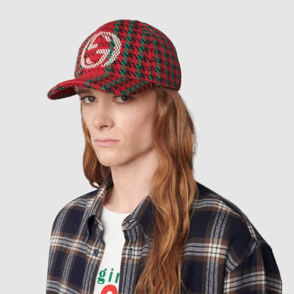 Gucci Houndstooth Baseball Hat With Interlocking G In Red And Green NEW W TAGS - Picture 9 of 9